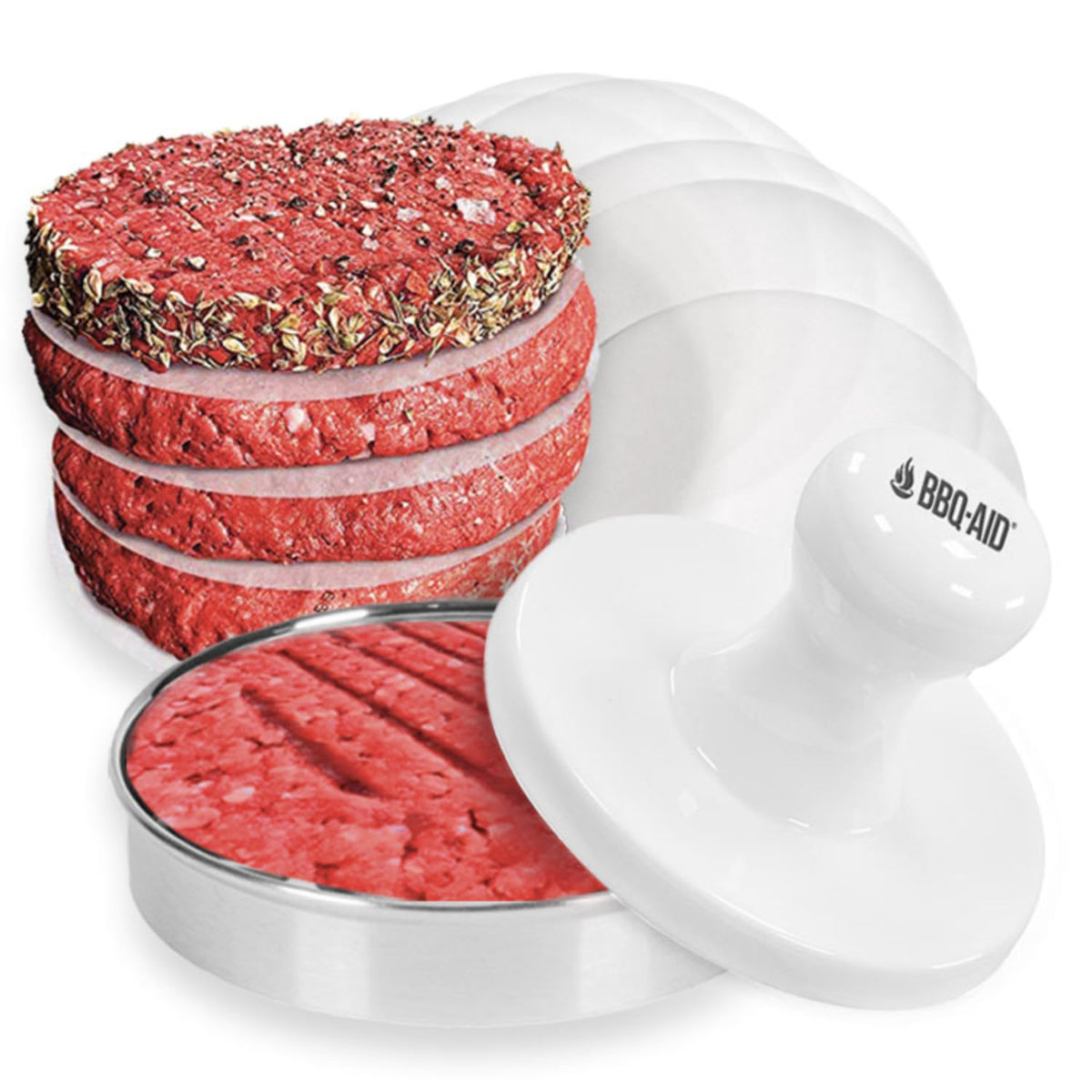 BBQ-Aid porcelain burger press top view for evenly shaped patties on grill