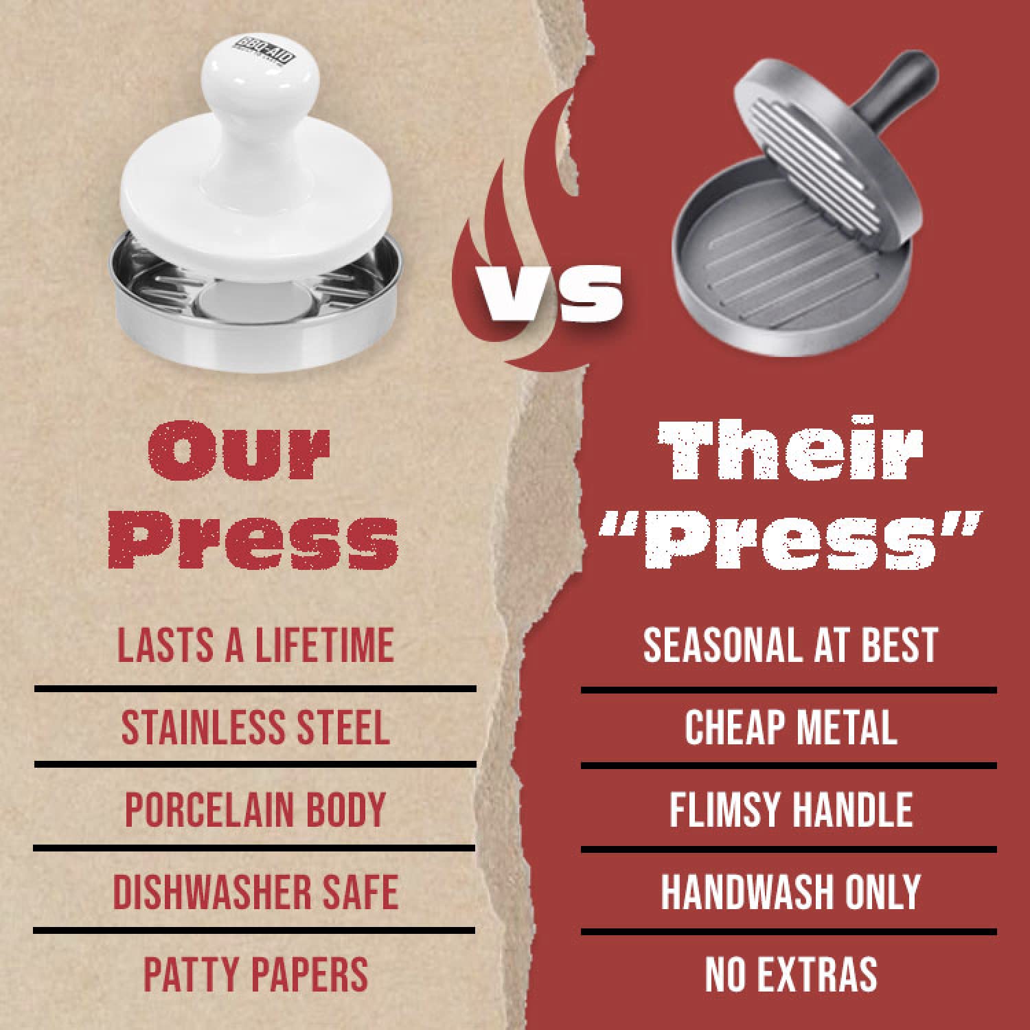 BBQ-Aid porcelain burger press easy-release surface for mess-free shaping