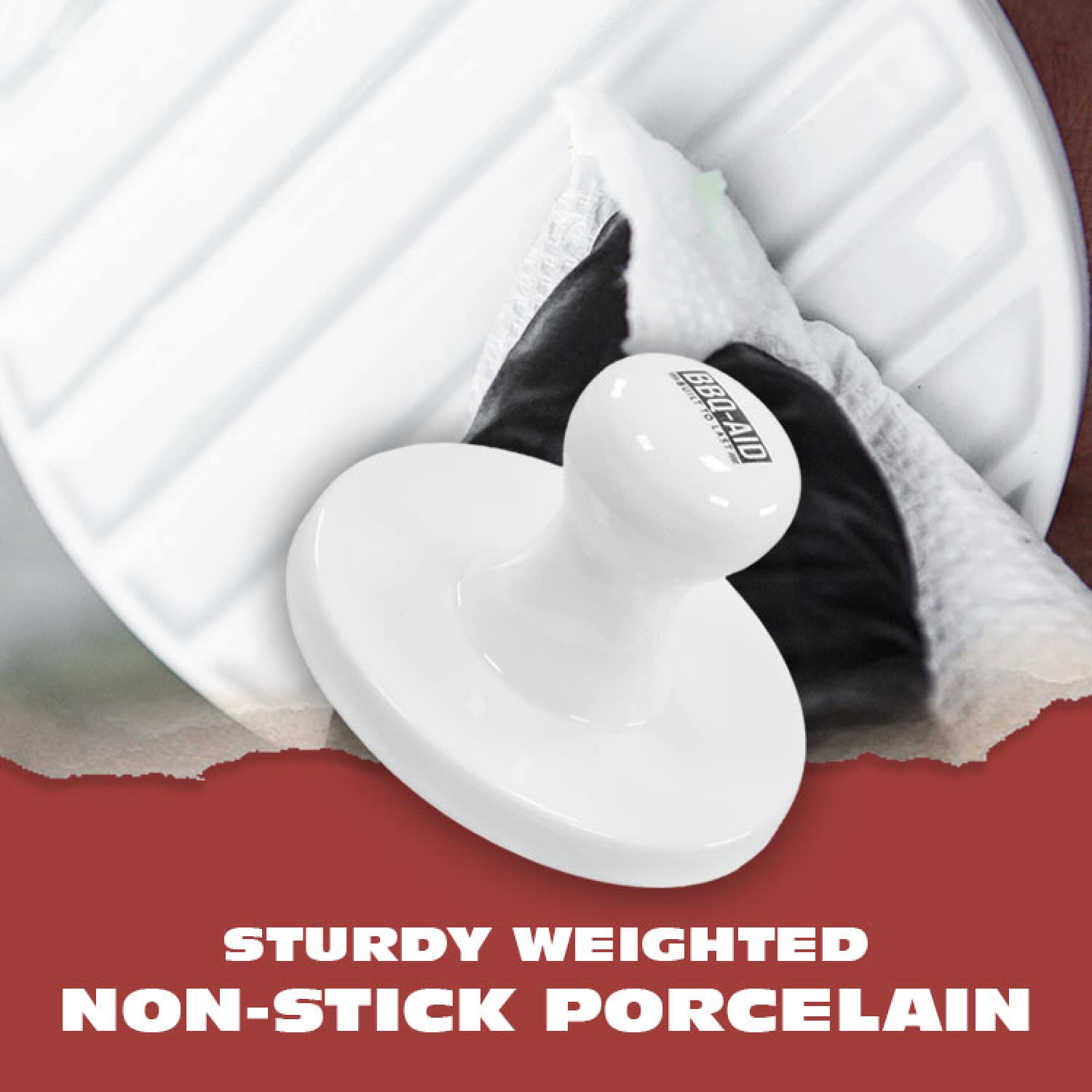 BBQ-Aid porcelain burger press compatible with flat-top griddles