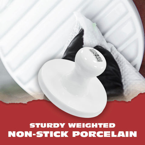 BBQ-Aid porcelain burger press compatible with flat-top griddles