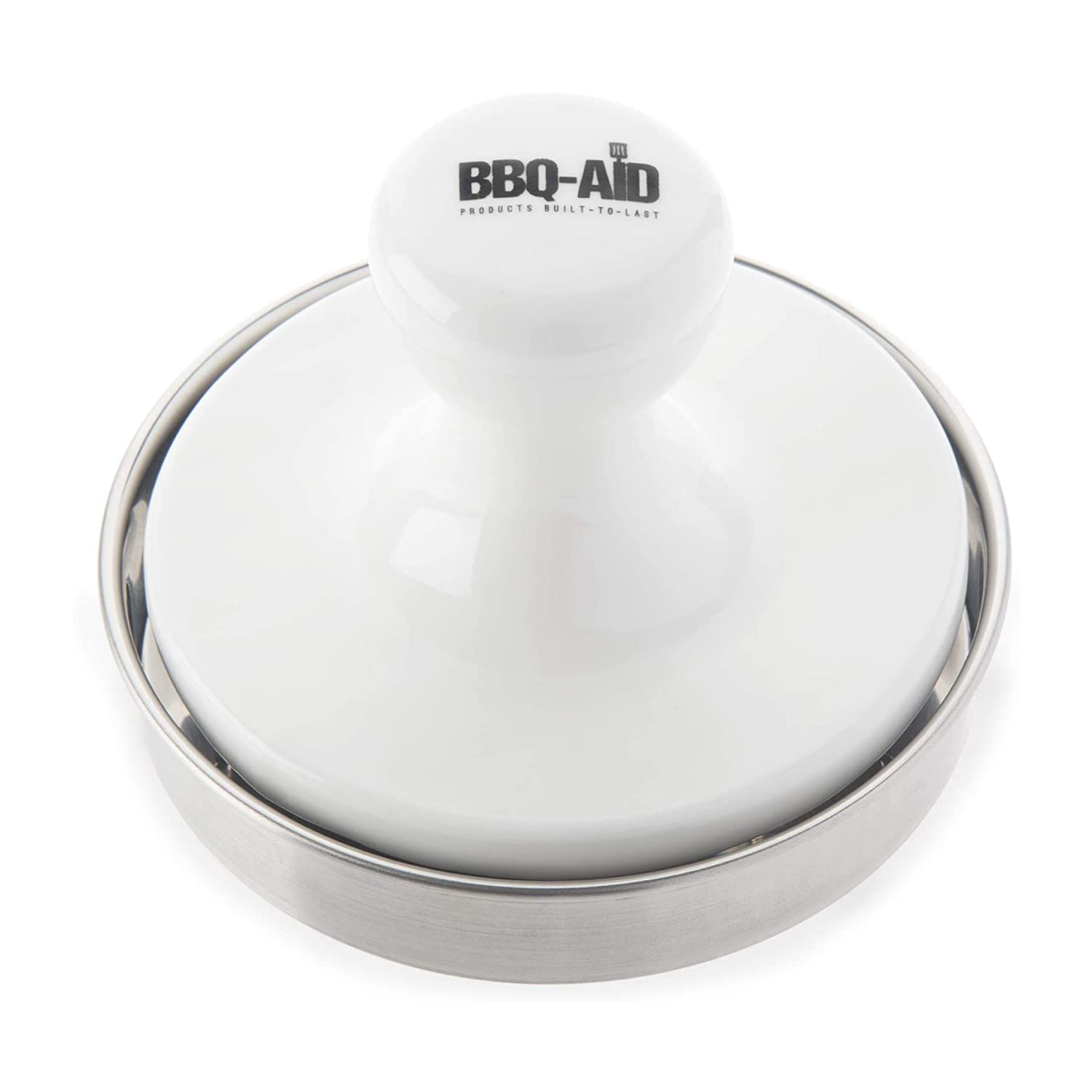 BBQ-Aid porcelain burger press with stainless steel body for durable grilling