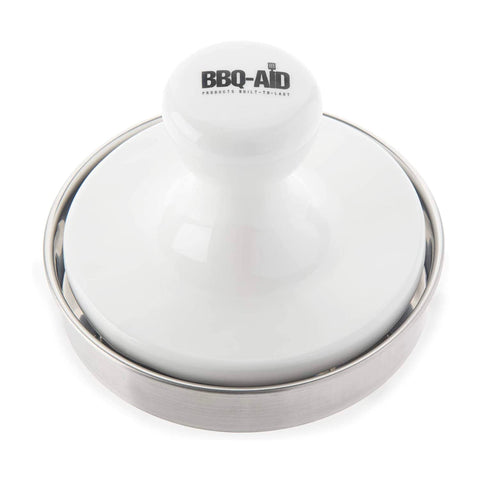 BBQ-Aid porcelain burger press with stainless steel body for durable grilling