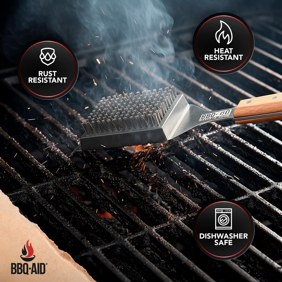 BBQ-Aid premium wood grip and stainless steel bristles for durability