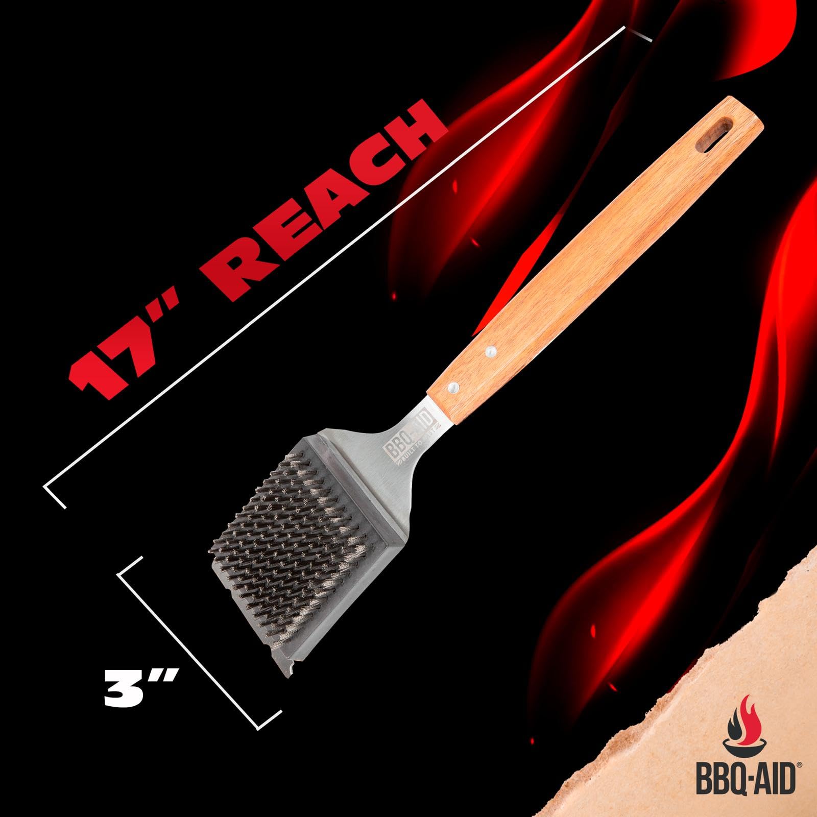 BBQ-Aid replaceable stainless bristle head enables long-lasting cleaning.