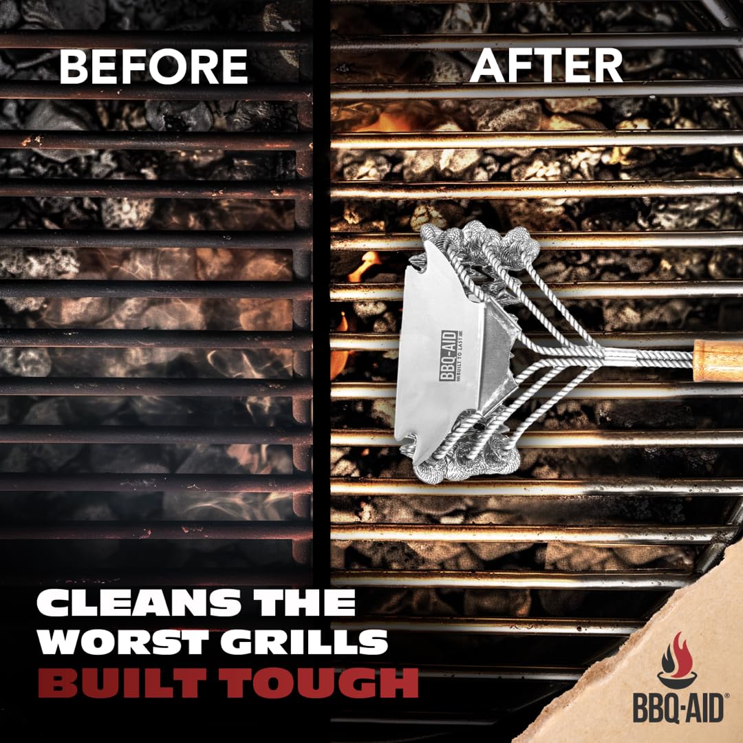 BBQ-AID stainless steel bristles in action deliver thorough grill cleaning.