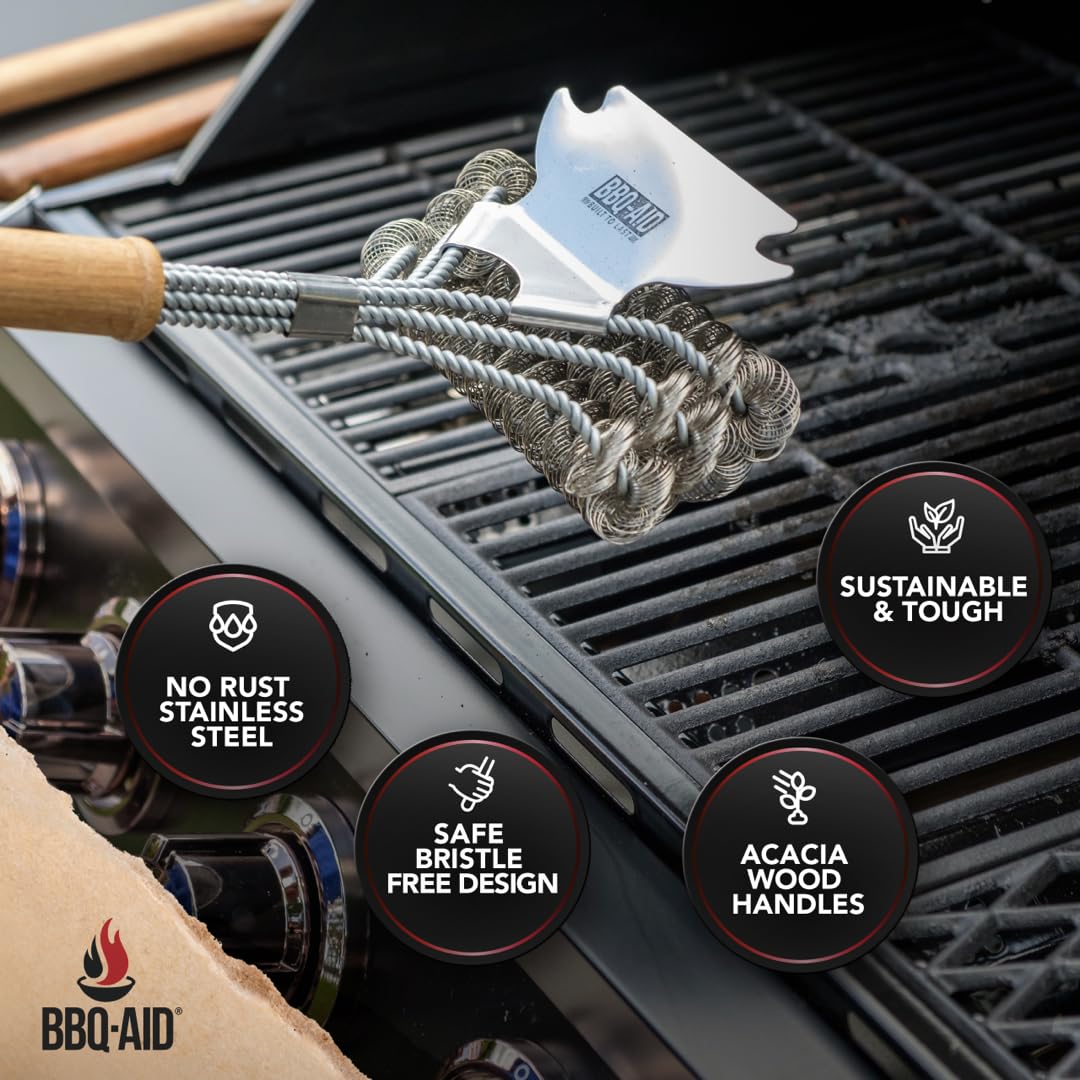 BBQ-AID wood-handle grill brush highlights premium ergonomic design during cleaning.
