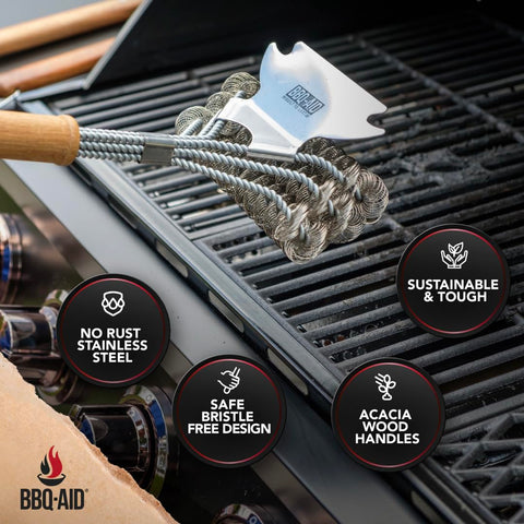 BBQ-AID wood-handle grill brush highlights premium ergonomic design during cleaning.