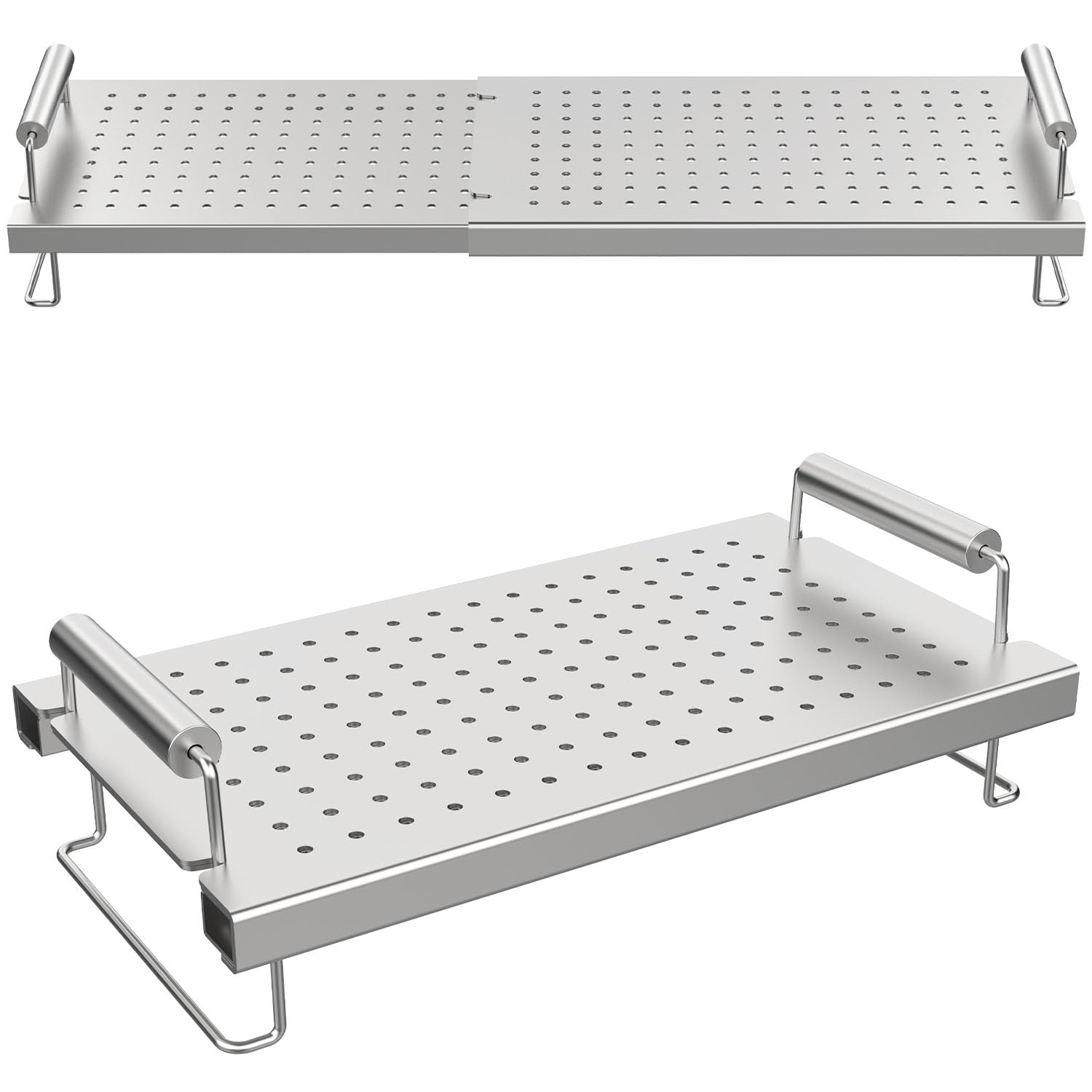 BBQ Future adjustable warming rack extends length for extra cooking space on Blackstone griddles.
