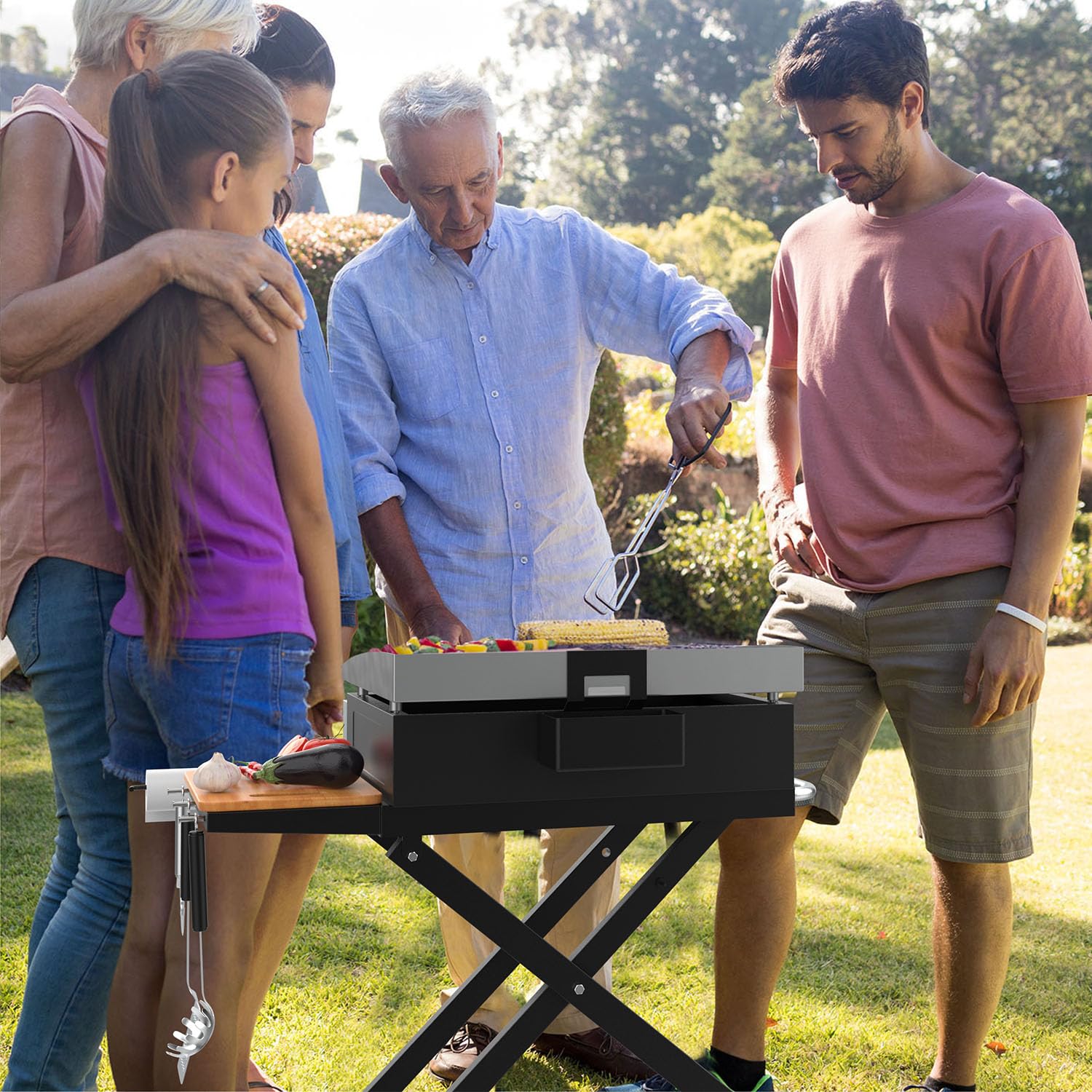 BBQ Future griddle-stand hook accessories showcases organized cooking setup