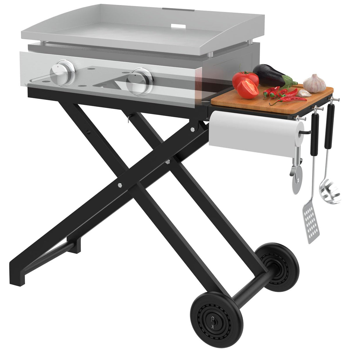BBQ Future griddle-stand side view showing universal compatibility with Blackstone 17 and 22 inch griddles