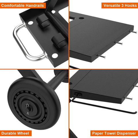 BBQ Future griddle-stand wheels and handle illustrating easy transport around cooking area