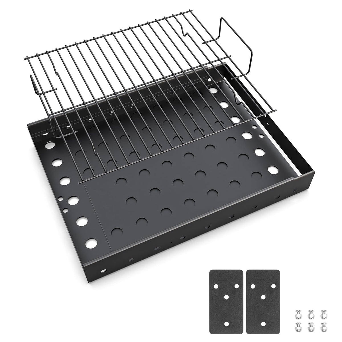 BBQ-PLUS stretchable charcoal tray extended to fit 15-28 inches for versatile grilling