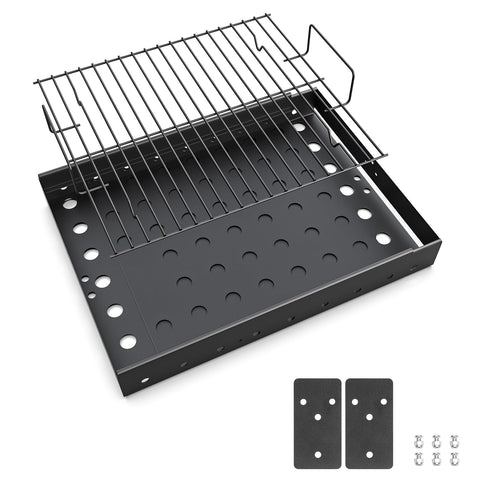 BBQ-PLUS stretchable charcoal tray extended to fit 15-28 inches for versatile grilling