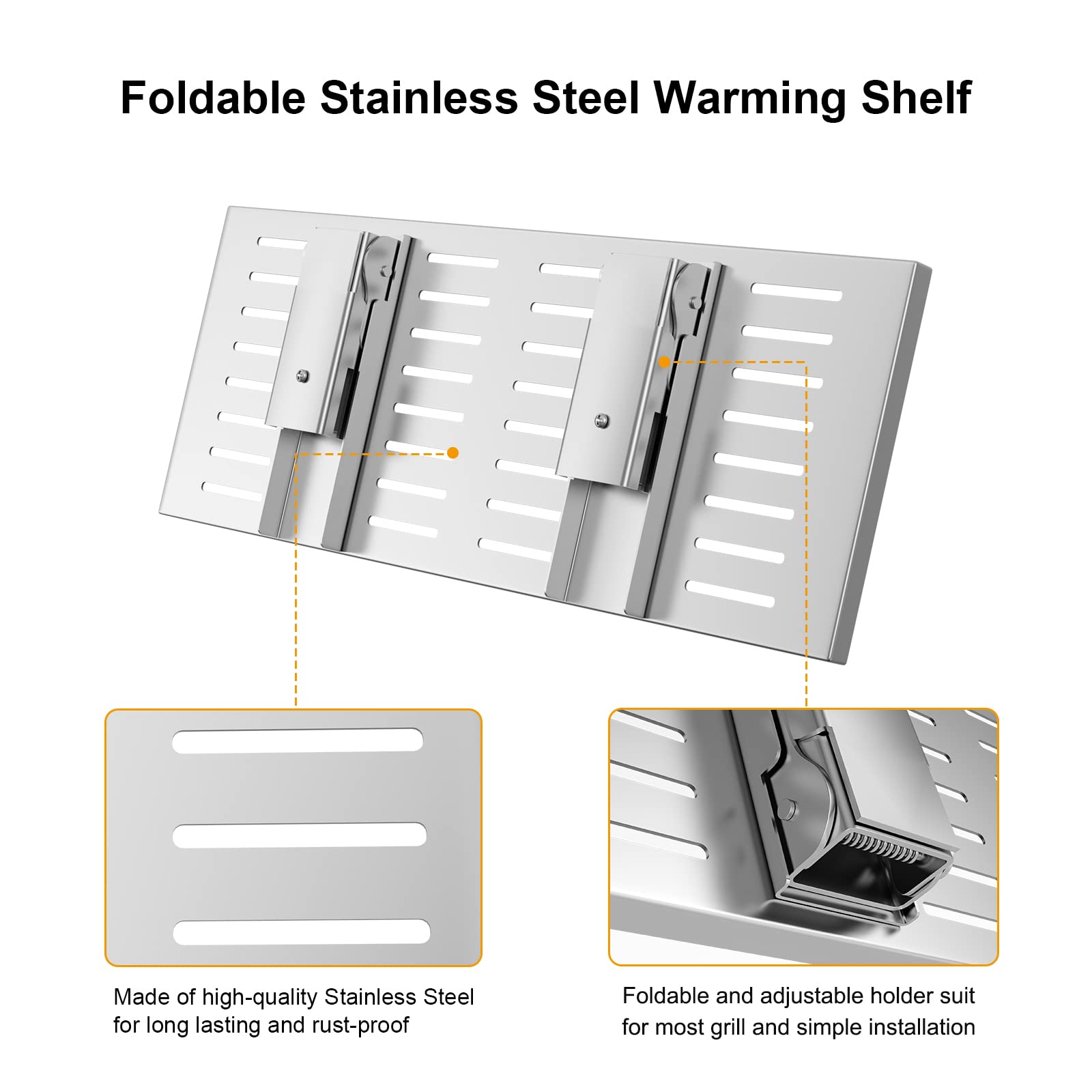 BBQ-PLUS warming rack installation steps with included screws.