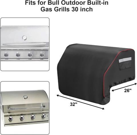 BBQ-Yummy cover dimension near Bull built-in head showing compatibility with 30-inch grills.