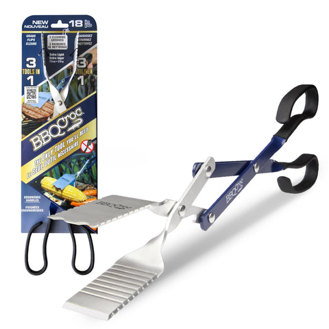 BBQ Croc 3-in-1 tool tongs for precise flipping and safe grip.
