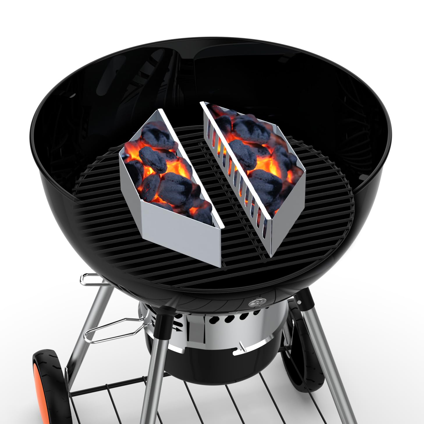 BBQCuker Charcoal Basket vent system enhances burning efficiency for quicker, more consistent cooks.