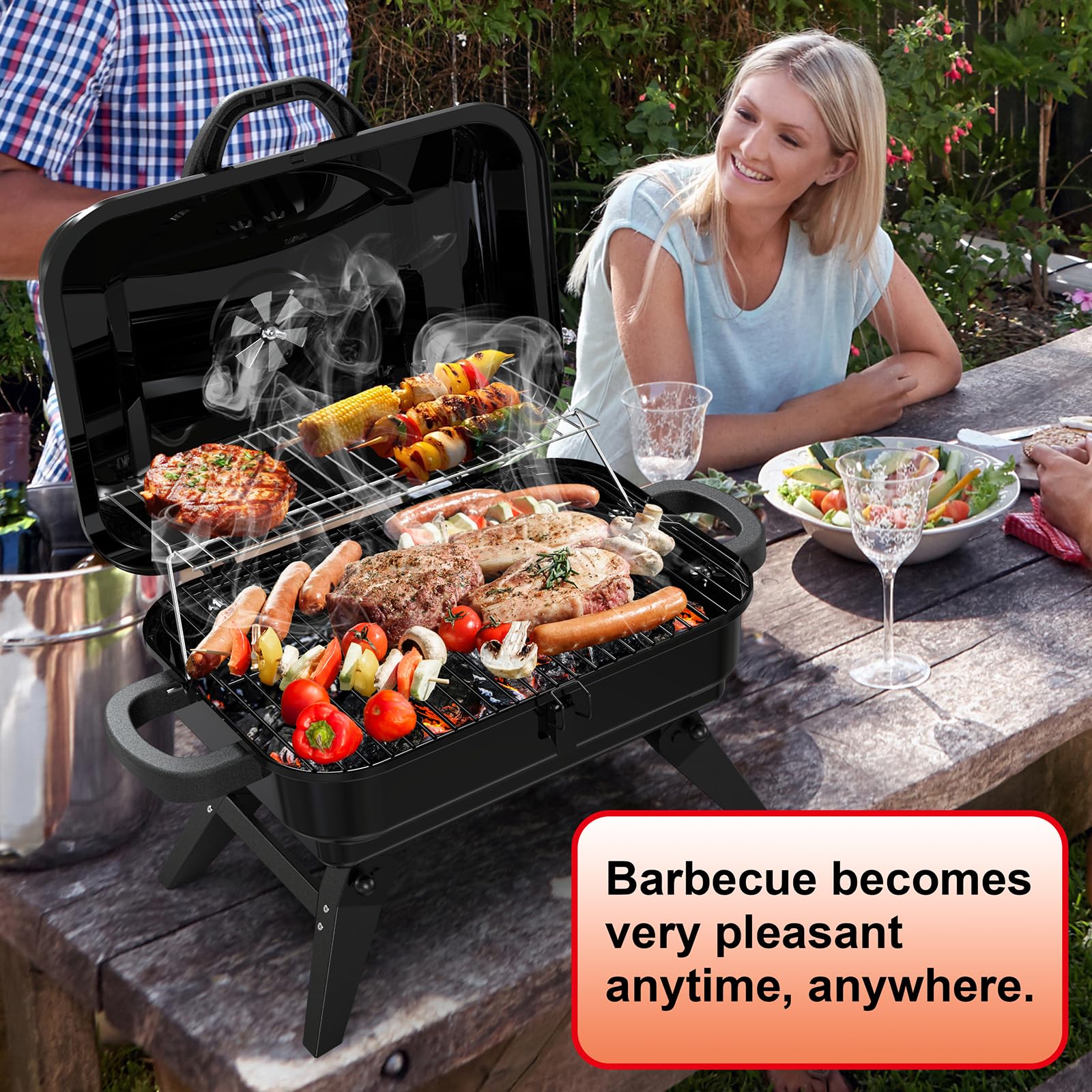 BBQCuker compact grill showing total cooking space of 343 sq in