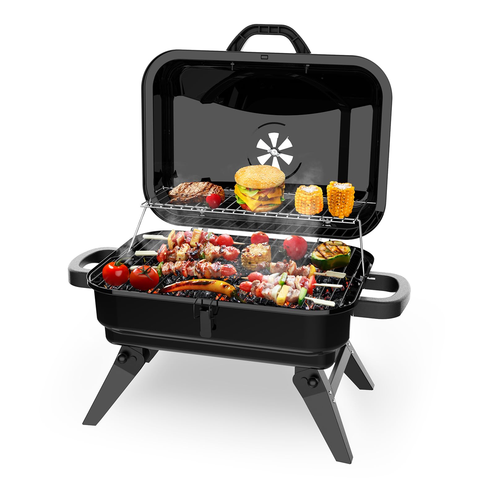 BBQCuker portable charcoal grill with warming rack for hot meals outdoors