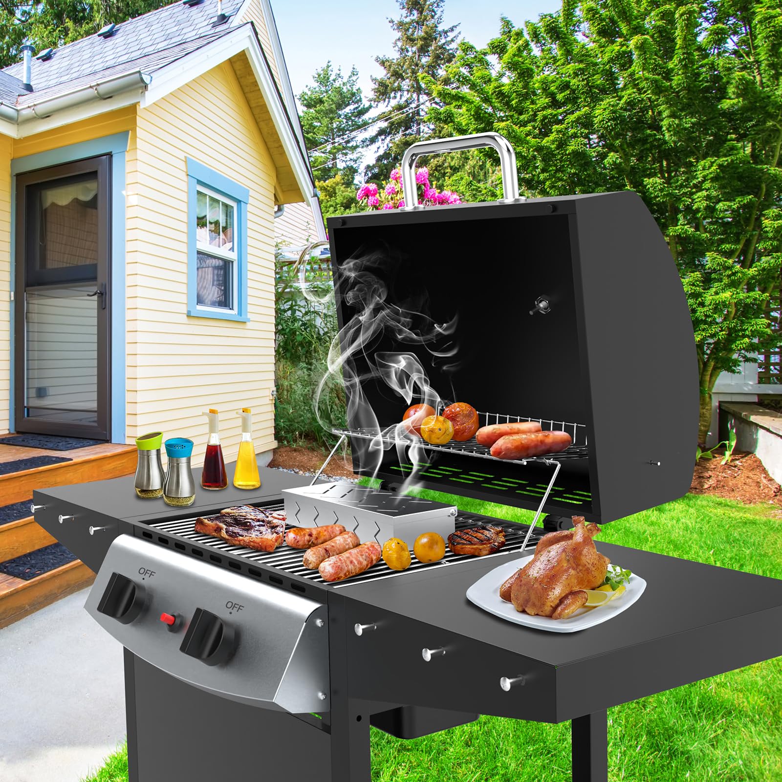 BBQCuker smoke box on grill demonstrates compatibility with charcoal setups.