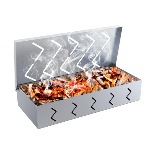 BBQCuker smoke box in stainless steel, front view, for even smoke distribution.