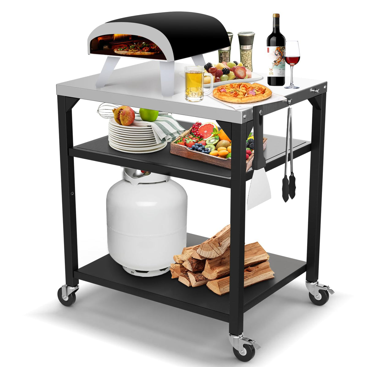 BBQMall pizza oven table front view showing sturdy outdoor prep surface