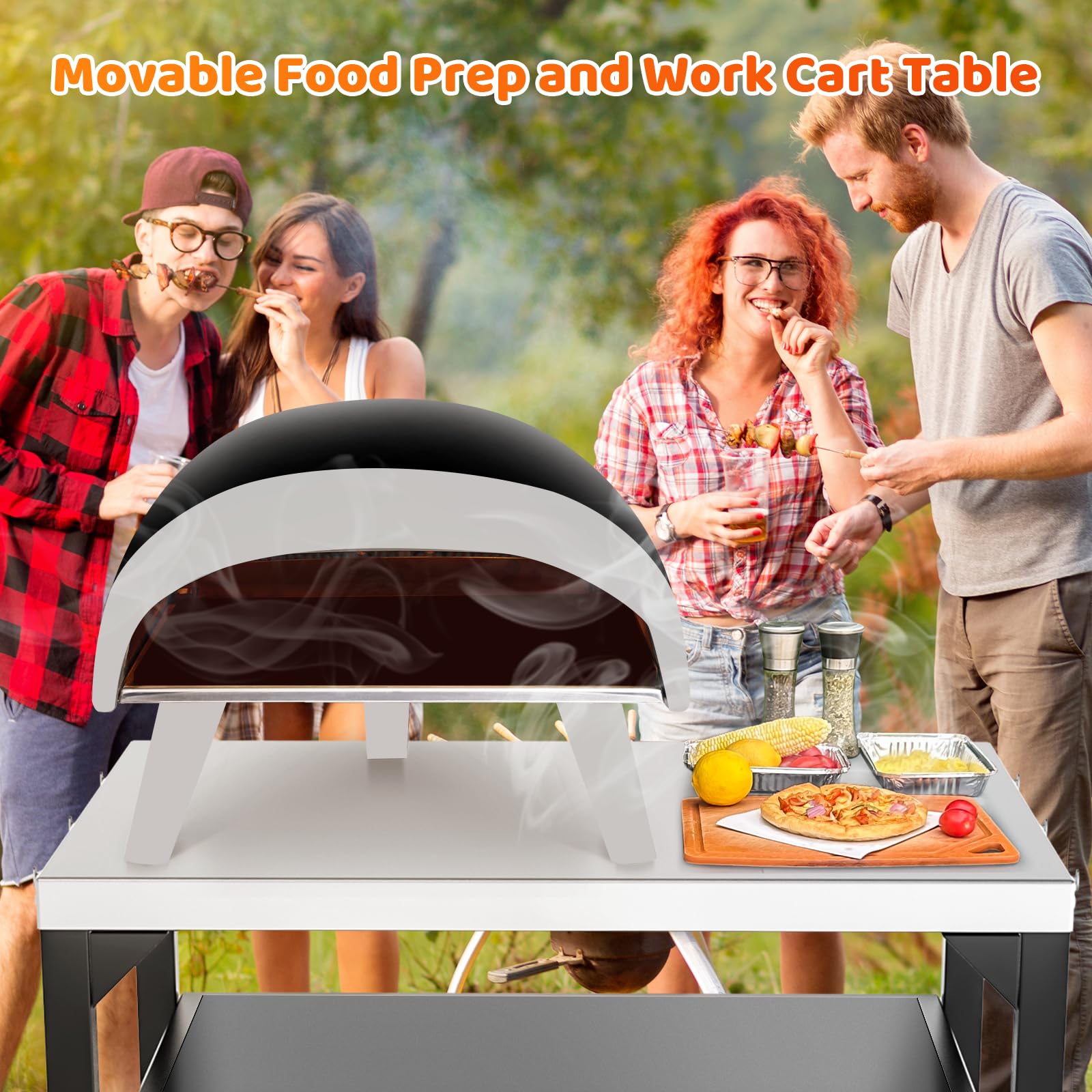 BBQMall pizza oven table side view highlighting storage area for tools