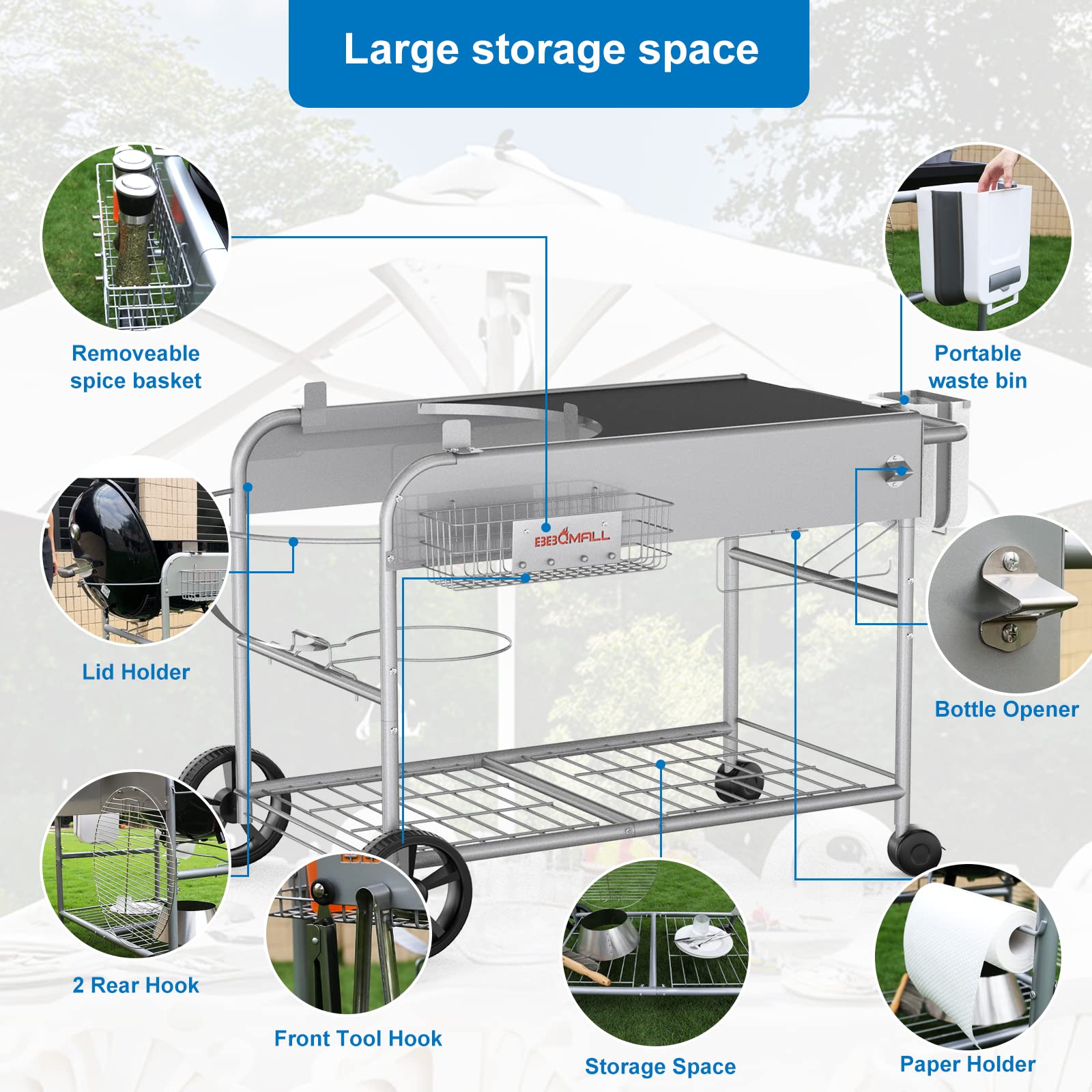 BBQMall grill table top workspace measuring 21.7 inches for prep and ingredients