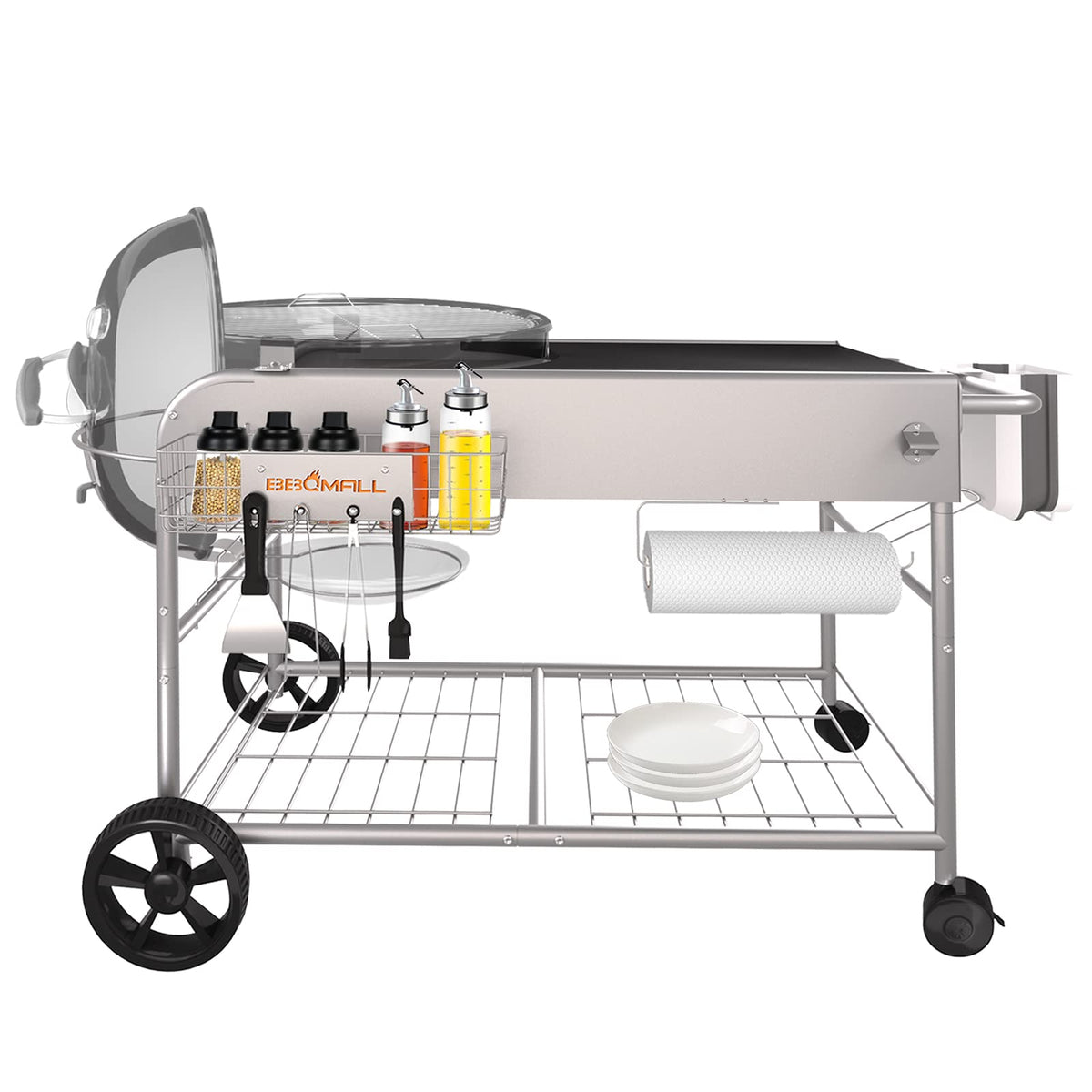 BBQMall grill table shown with Weber 22-inch original kettle fit for outdoor prep