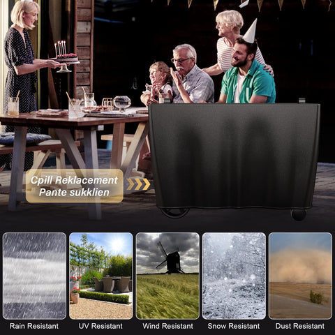 BBQMall outdoor table cover with elastic drawstrings for windproof fit.