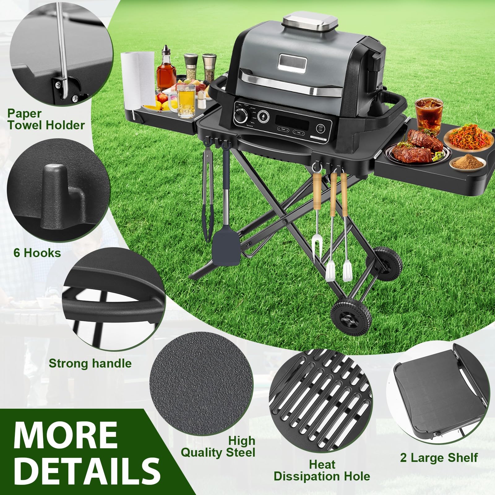 BBQMall side shelves and hooks provide easy tool access