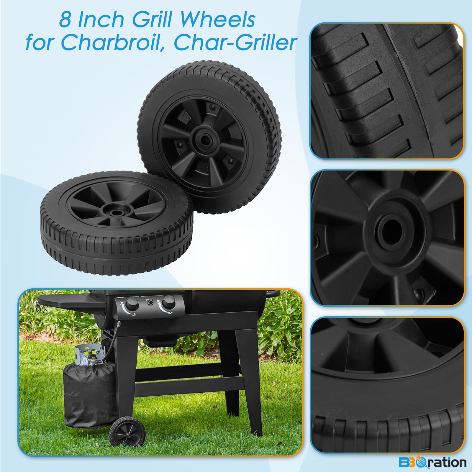 BBQration 8-inch wheel top view, durable plastic construction.