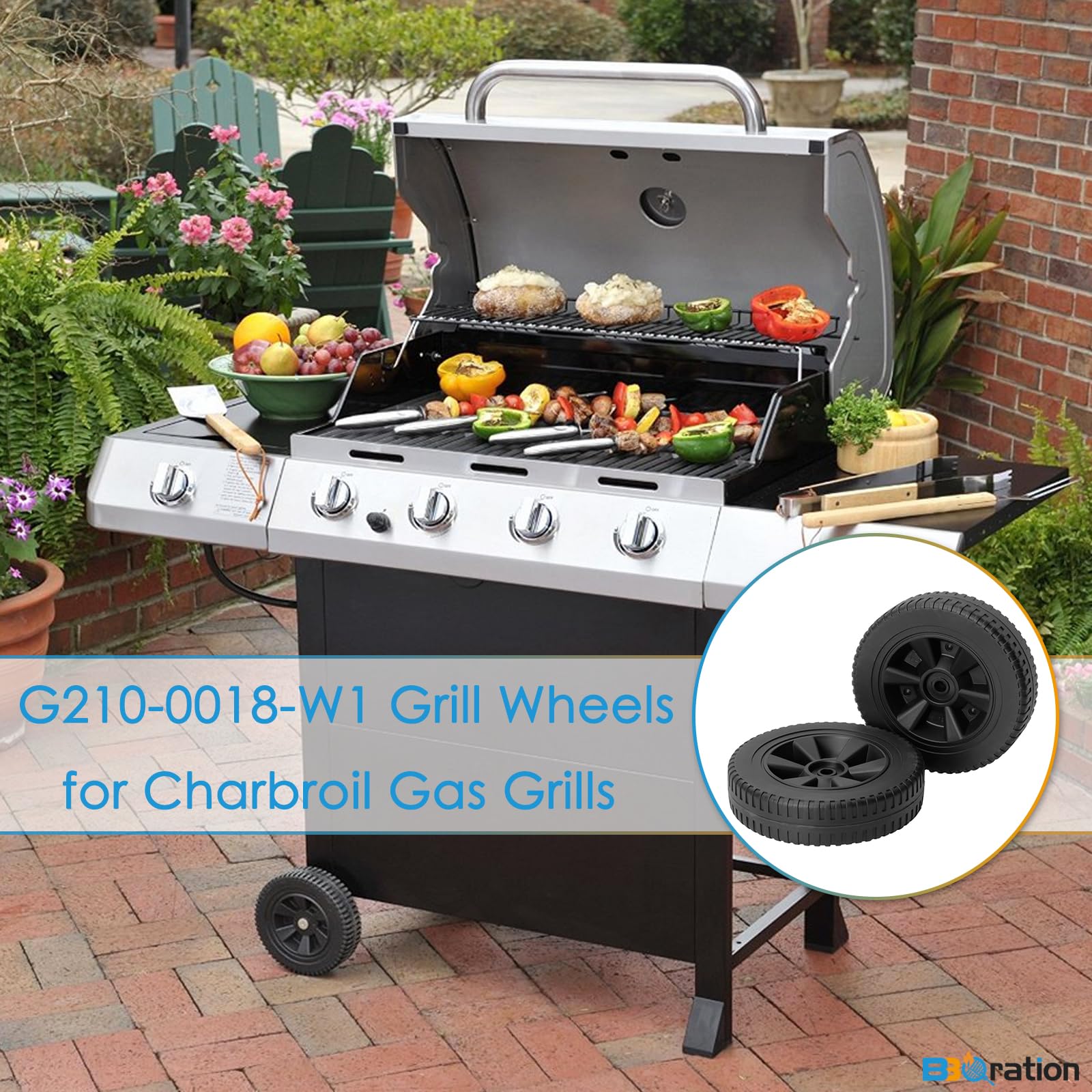 BBQration 8-inch wheel on grill base, effortless patio maneuvering.