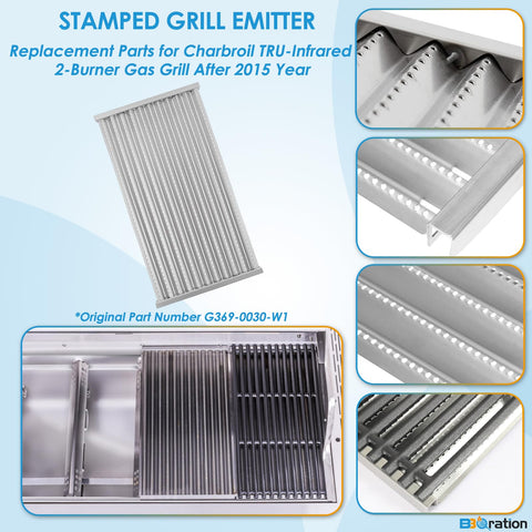 BBQration 17-inch by 9.25-inch emitter dimensions fit Char-Broil grills.