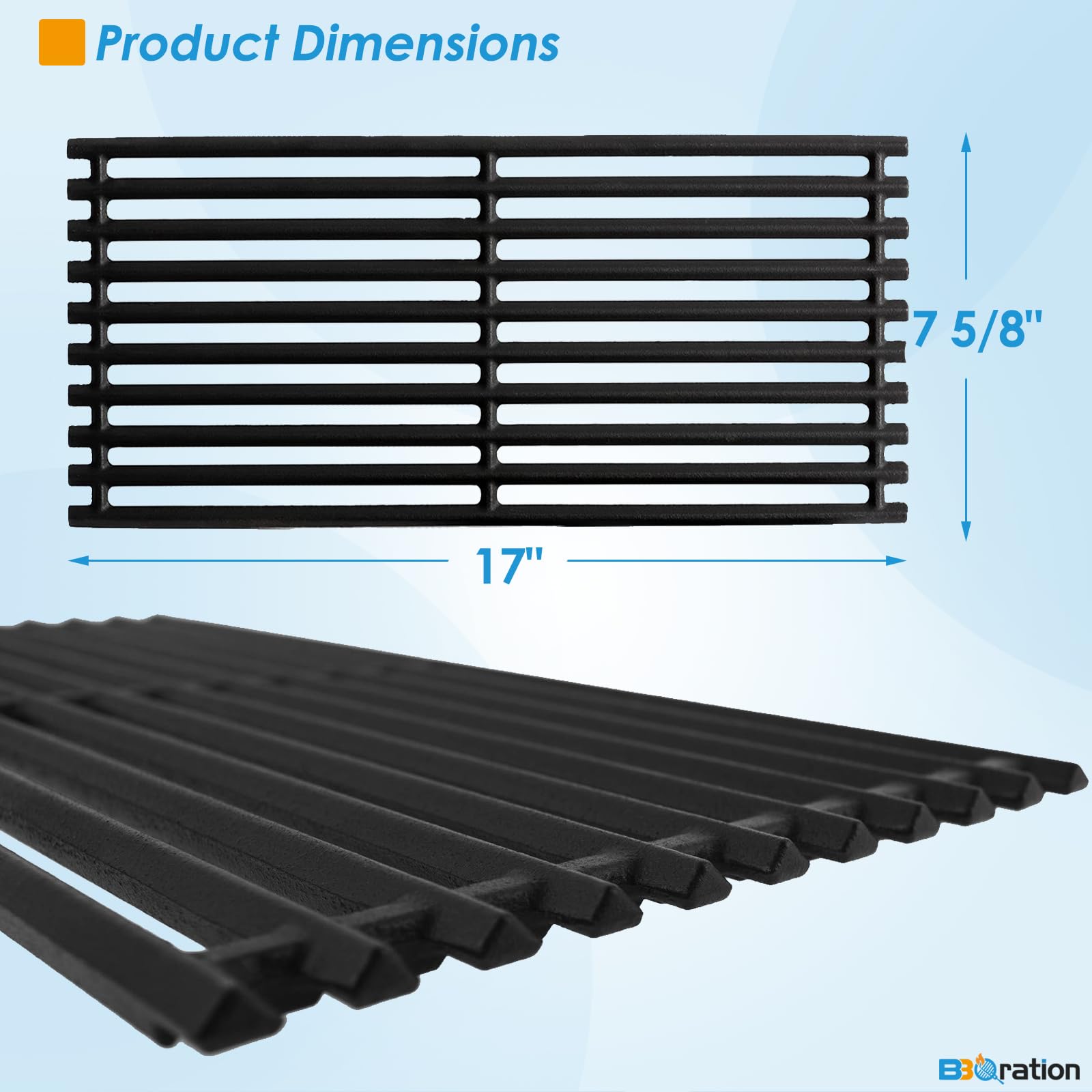 BBQration grates dimensions 17 x 7 5/8 inches for even cooking surface