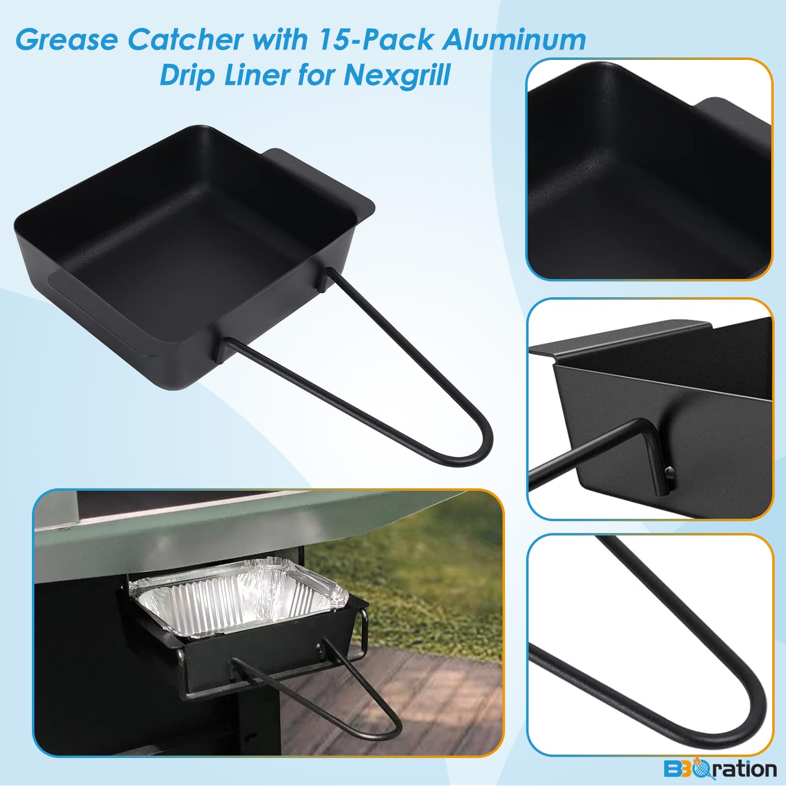 BBQration Nexgrill grease catcher with 15-pack liners for quick changes.