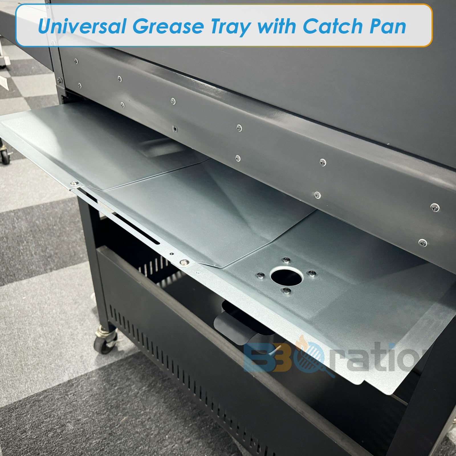 BBQration grease tray and catch pan side view for easy cleanup