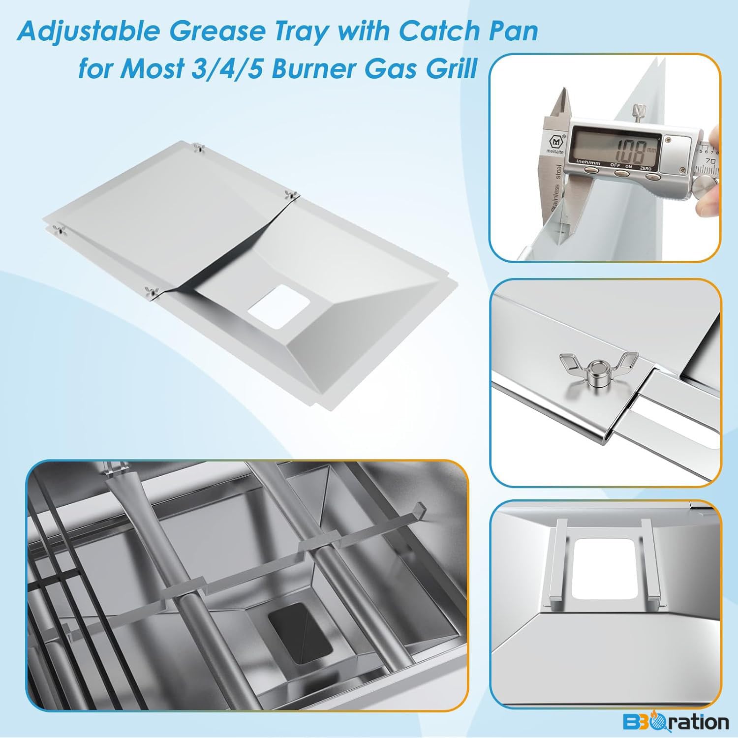 BBQration grease tray dimensions show broad compatibility across 3- to 5-burner grills.