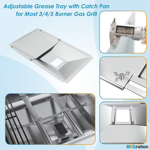 BBQration grease tray dimensions show broad compatibility across 3- to 5-burner grills.
