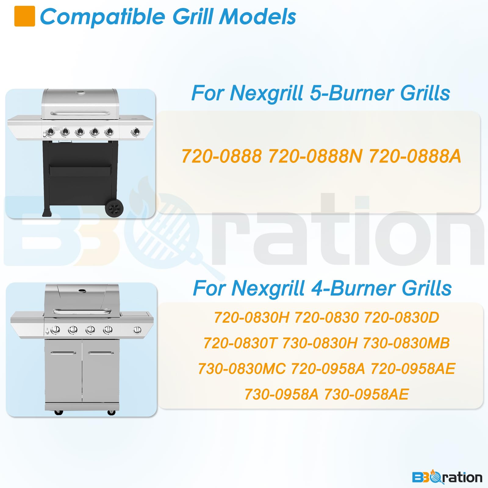 BBQration Nexgrill five-pack burners for reliable flame distribution