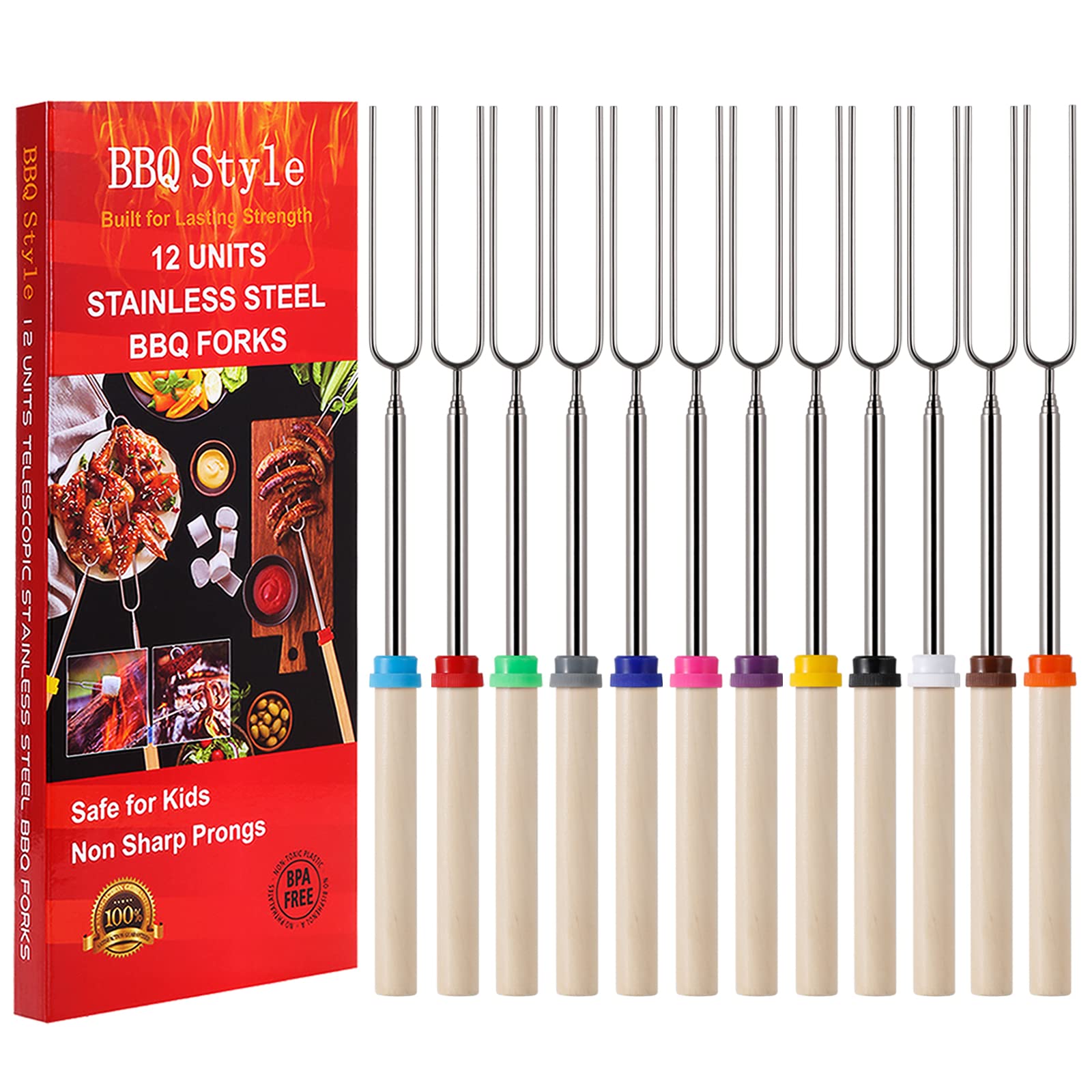 BBQStyle 12-pack marshmallow roasting sticks with 32-inch reach for safe campfire fun.