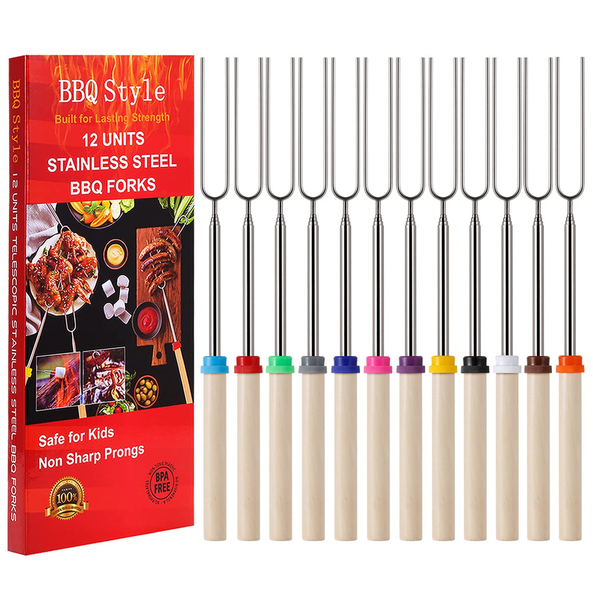 BBQStyle 12-pack marshmallow roasting sticks with 32-inch reach for safe campfire fun.