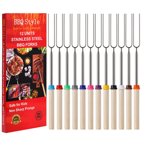 BBQStyle 12-pack marshmallow roasting sticks with 32-inch reach for safe campfire fun.