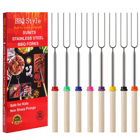 BBQStyle 8-piece roasting sticks extend to 32 inches for safe campfire roasting.