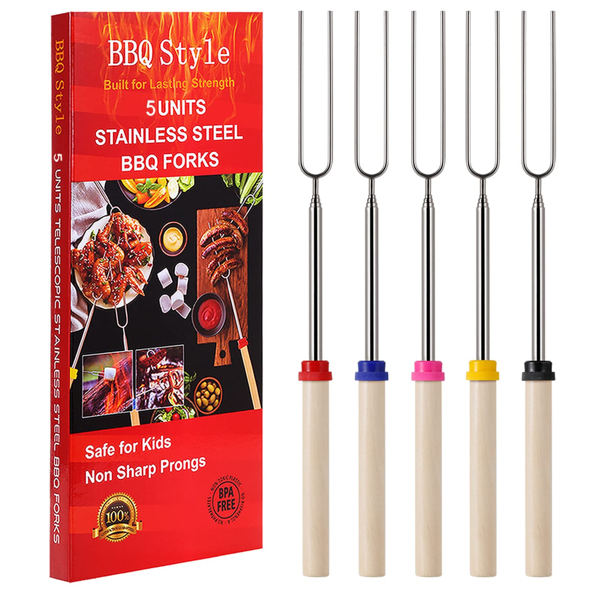 BBQStyle color coded marshmallow roasting sticks for quick ID and family safe campfire use