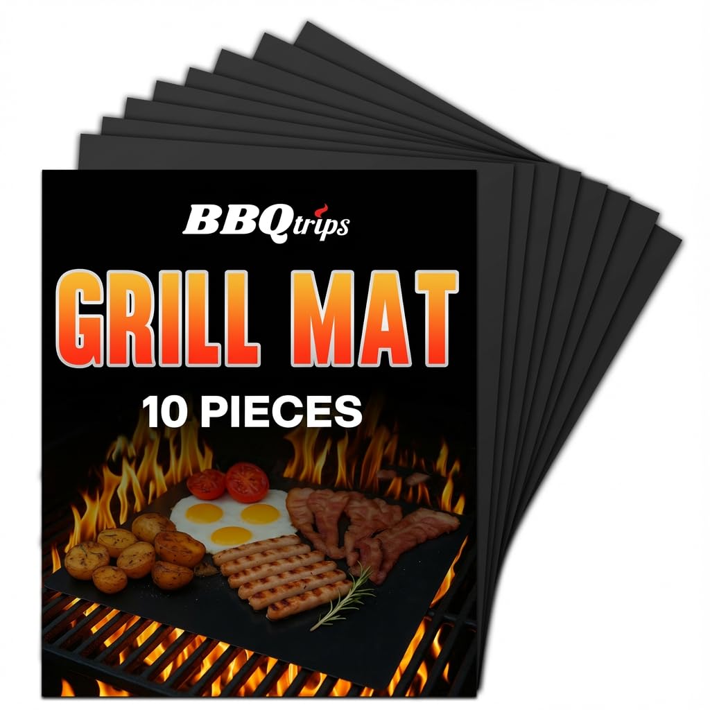BBQtrips 10-pack grill mats laid out to showcase non-stick surface for easy grilling.