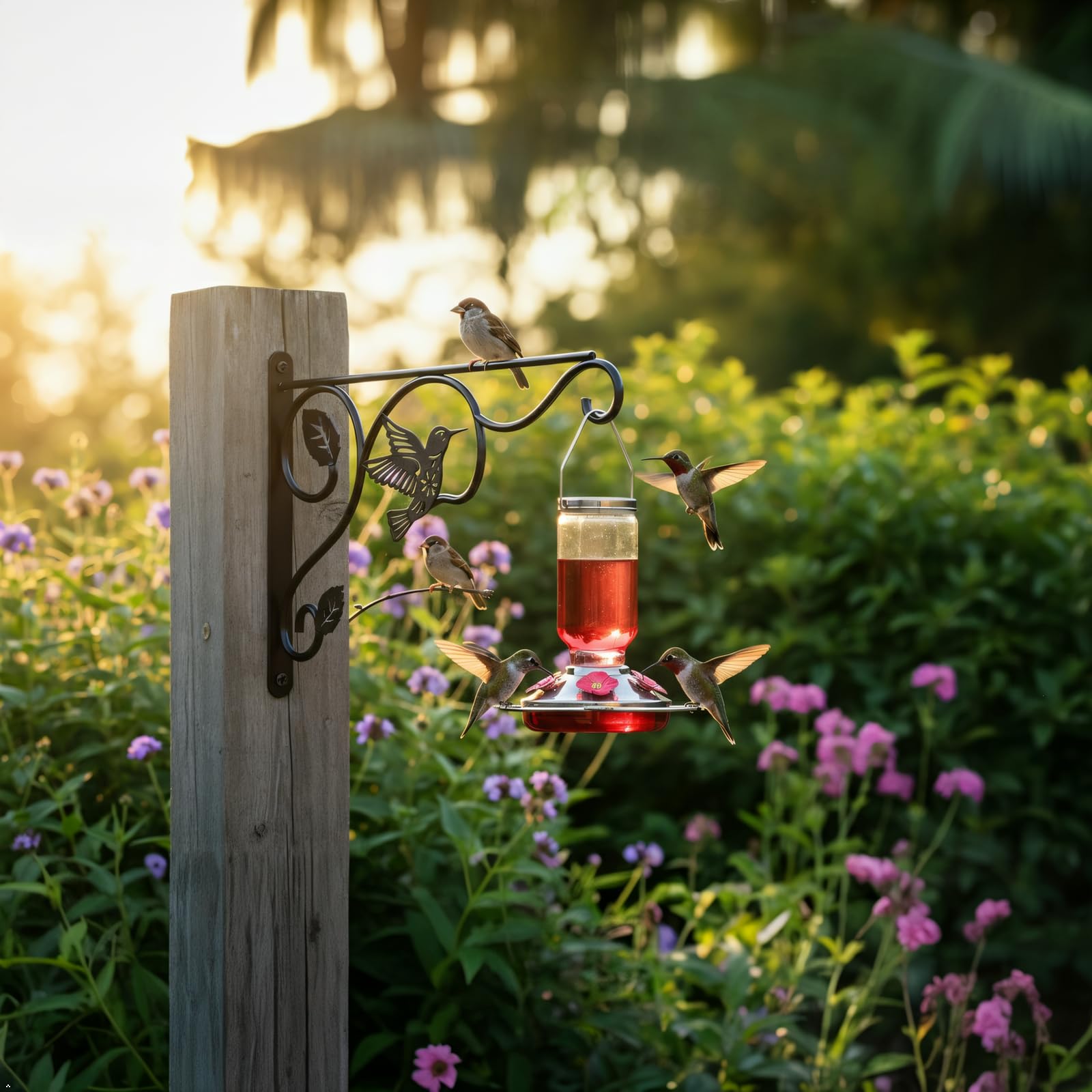 BBTFAA plant hook in action on a patio with lanterns and pots.
