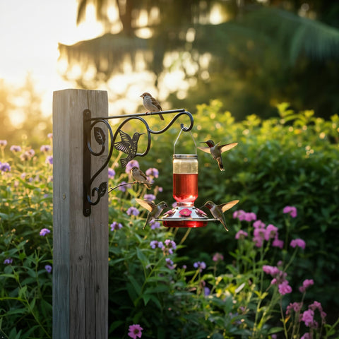 BBTFAA plant hook in action on a patio with lanterns and pots.