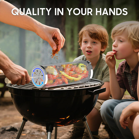 BCHWAY rolling grill basket evenly cooks fish and delicate foods