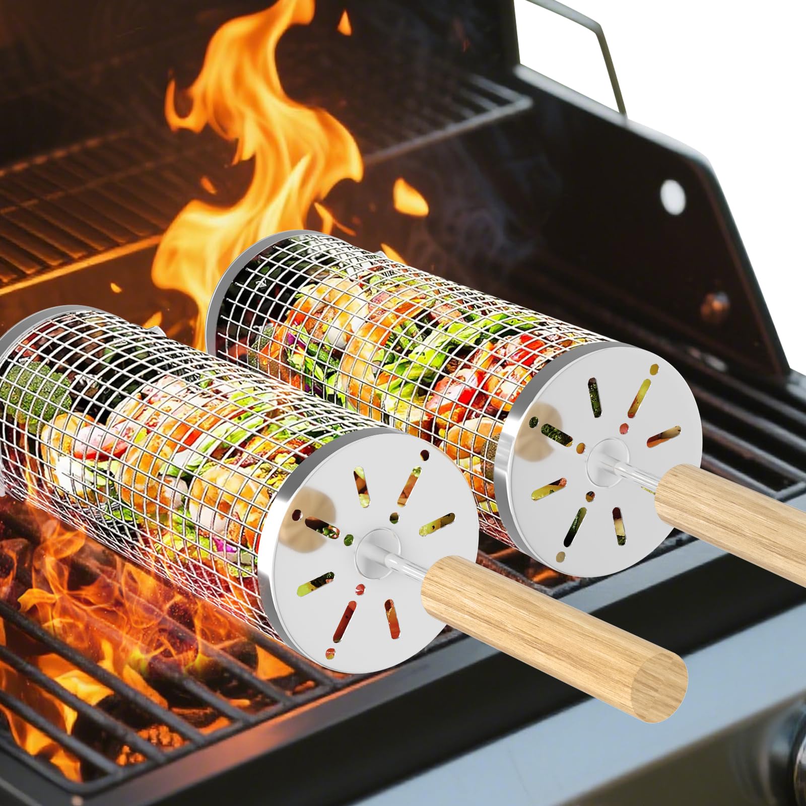 BCHWAY rolling grill basket with removable wooden handle for safe handling